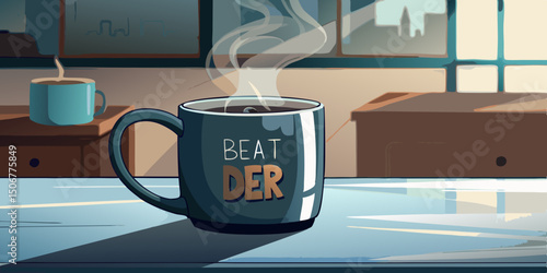 Stylized Illustration of Steaming Coffee Mug with Motivational Message in a Cozy Room Setting