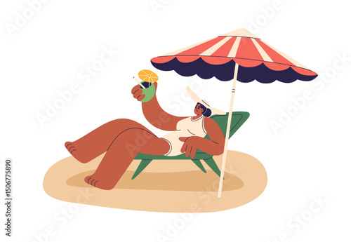 Woman with cocktail drink relaxing on beach, lying under parasol, sun umbrella. Female sunbathing on chaise lounge on summer vacation, holiday. Flat vector illustration isolated on white background.
