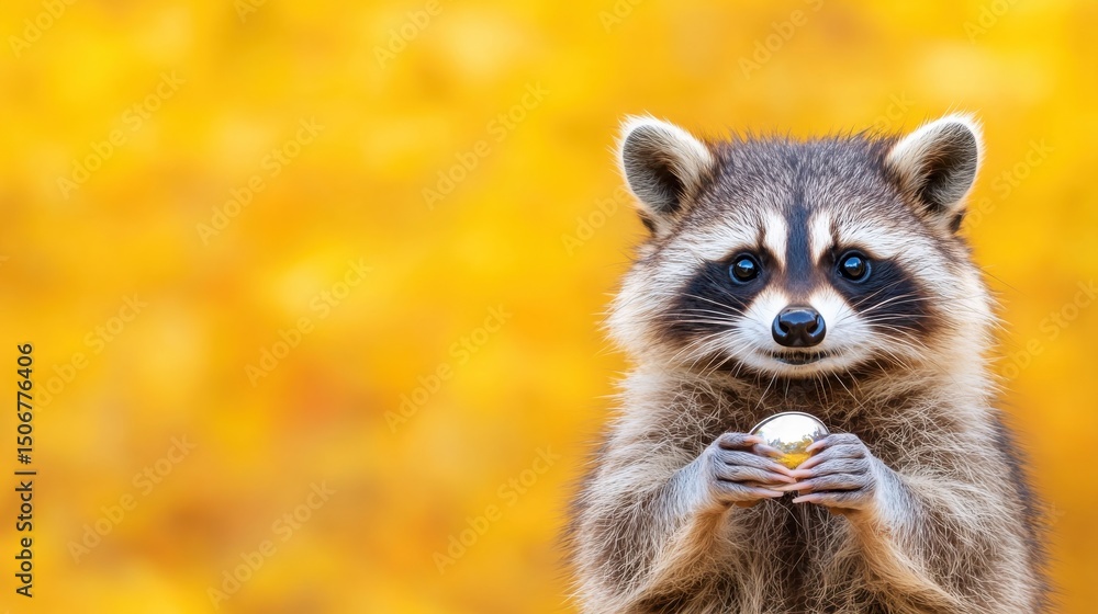Obraz premium Playful raccoon holding shiny object in vibrant autumn setting