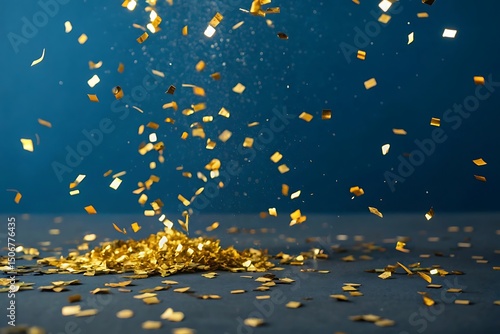 Falling gold confetti on dark blue background