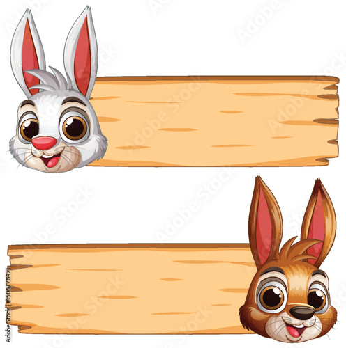 Cute Cartoon Rabbits with Wooden Signs