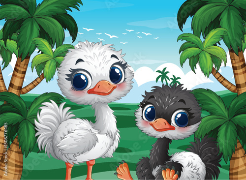 Cute Ostriches in Tropical Paradise