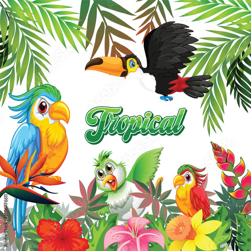 Colorful Tropical Birds and Exotic Plants