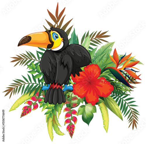 Tropical Toucan with Exotic Floral Arrangement