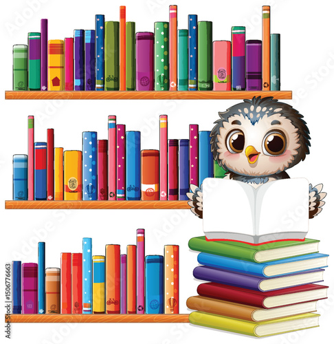 Owl Reading Among Colorful Bookshelves