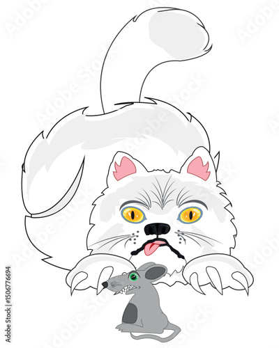 Cat plays with mouse on white background is insulated