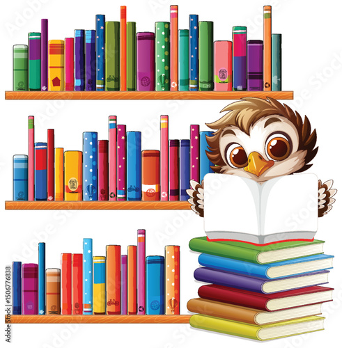 Owl Reading Among Colorful Bookshelves