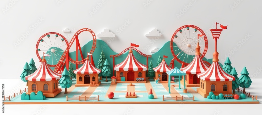 Fototapeta premium 3D paper model concept. Colorful carnival scene with tents, rides, and trees in a whimsical design.