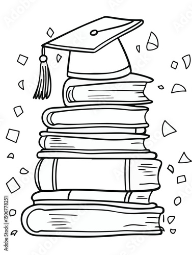  Stack of Books with Graduation Cap – Coloring Page