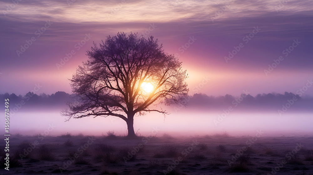 Obraz premium trees silhouettes in morning fog, sunrise over the meadow with soliter old tree 
