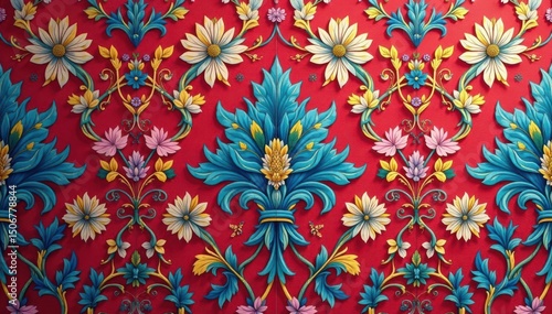 Abstract floral damask pattern, rich color palette , antique, textile, rich