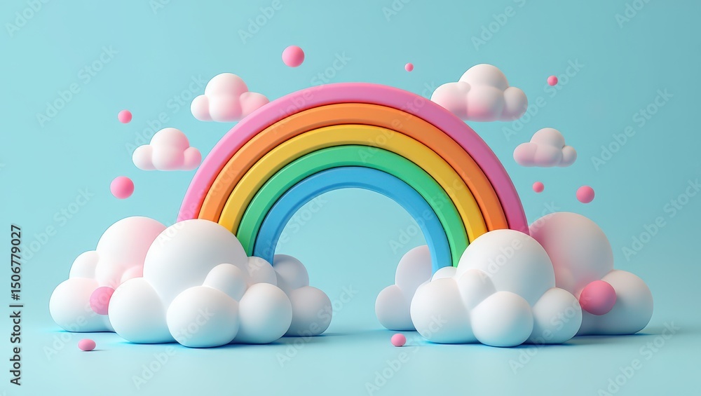 Playful 3D Rainbow with Fluffy Clouds and Pink Spheres on Blue Background Playful 3D Rainbow with Fluffy Clouds and Pink Spheres on Blue Background