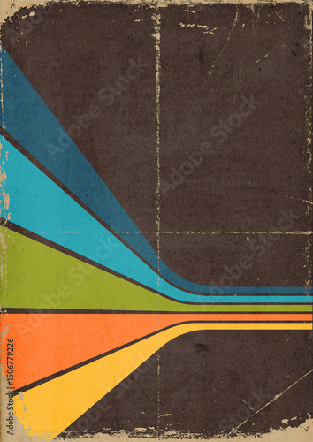 1970s background pattern. Vintage colored perspective stripes on grunge, worn out paper with scratches and folds.