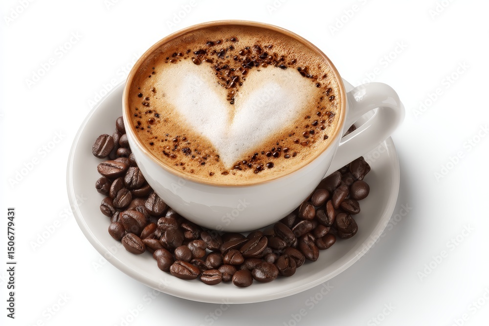 cup of coffee with heart-shaped latte art and beans, transparent background cup of coffee with heart-shaped latte art and beans, transparent background