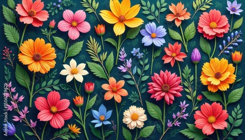 Repetitive pattern of wildflowers & foliage, vibrant hues , seamless, leaves, blossom