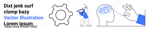 Gear symbol for systems, person mining as effort, hand untangling brain as finding clarity. Ideal for teamwork, mental clarity, productivity, problem-solving, innovation, education technology