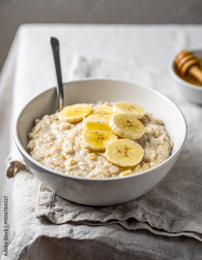 Warm Oatmeal Bowl with Sliced Bananas and Honey Drizzle on Cozy Linen Tablecloth Setting Warm Oatmeal Bowl with Sliced Bananas and Honey Drizzle on Cozy Linen Tablecloth Setting