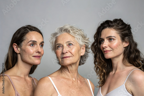 Three women of different ages stand next to each other, demonstrating the connection between generations. Women with a calm and confident expression, emphasizing the beauty at every age