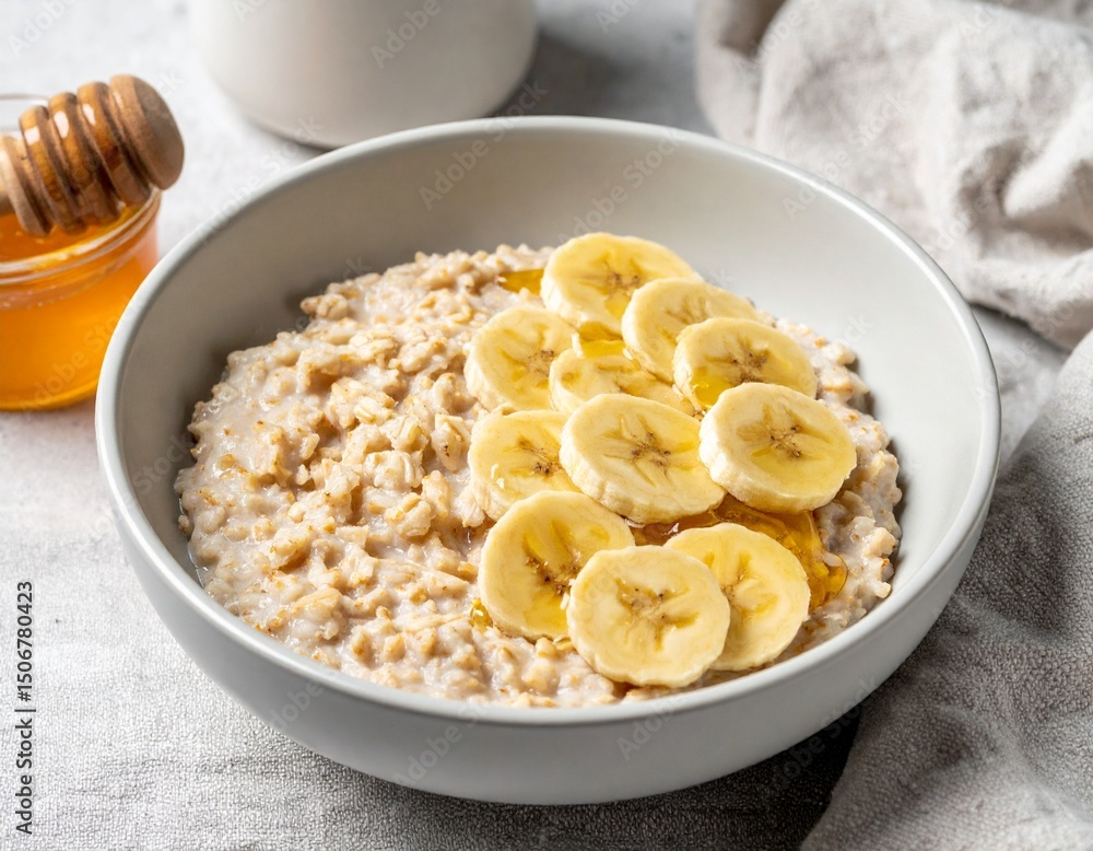 Warm Oatmeal Bowl with Sliced Bananas and Honey Drizzle on Cozy Linen Tablecloth Setting Warm Oatmeal Bowl with Sliced Bananas and Honey Drizzle on Cozy Linen Tablecloth Setting
