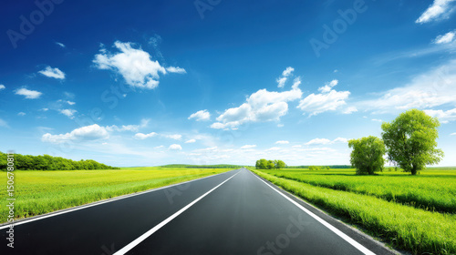 Wallpaper Mural Wide road into distance, flanked by green fields and blue sky. High-definition, horizontal composition. Serene beauty. Torontodigital.ca