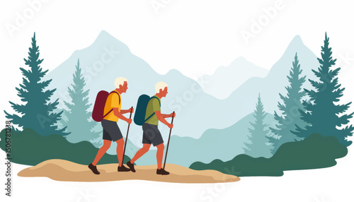 Two hikers explore a mountainous trail surrounded by pine trees under a clear sky in the afternoon
