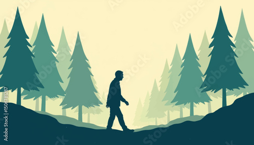 Person walking through a serene forest landscape at dusk with tall trees and a tranquil atmosphere