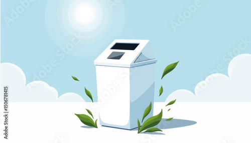 Modern recycling bin surrounded by greenery on a sunny day promoting eco-friendly waste management practices