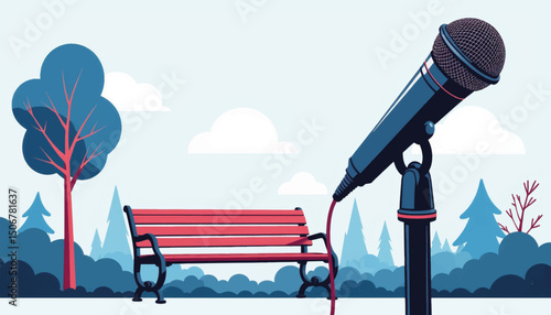 Outdoor microphone setup in a park for an open mic event encouraging local talent and community engagement