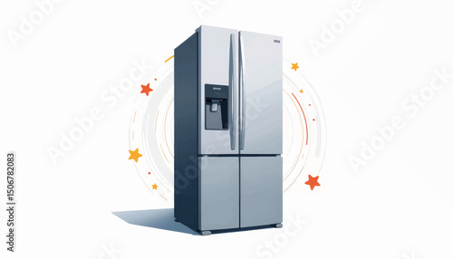 Modern stainless steel refrigerator with four doors in a bright, decorative setting showcasing contemporary kitchen design elements