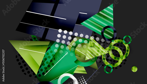 Abstract geometric composition. Shapes overlap, creating dynamic visual effect. Green hues dominate dark background. Lines add structure.