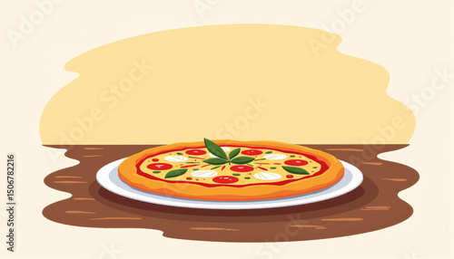 Delicious pizza topped with fresh ingredients displayed on a wooden table in a warm setting