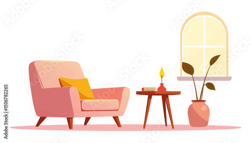 Cozy interior space featuring a pink armchair, decorative plants, and warm lighting in a serene setting