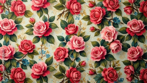 Intricate, repeating rose pattern on vintage fabric, pink, vintage