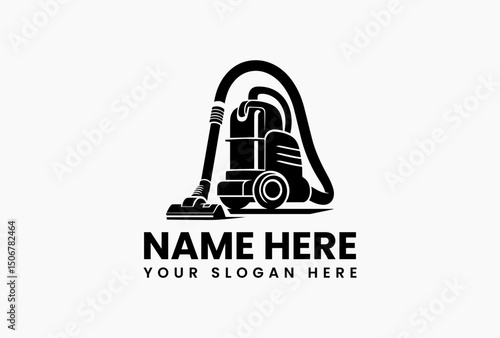 Modern canister vacuum cleaner vector logo in stylized black and white with hose and cleaning head attachment