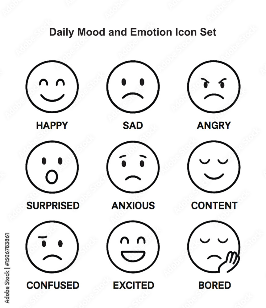 Daily Mood and Emotion Icon Set - Minimalist Black and White Line Art Daily Mood and Emotion Icon Set - Minimalist Black and White Line Art