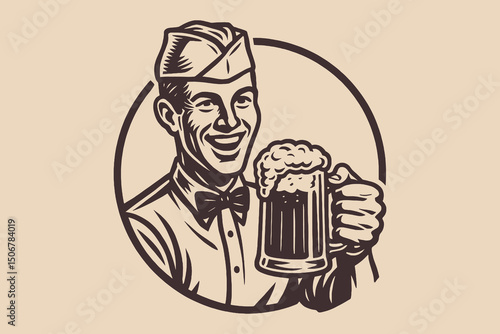 1950s American man with beer emblem retro vector illustration

