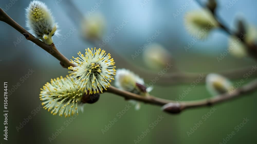 Close Up Of Blooming Catkins On Branch With Soft Background And Yellow Details Close Up Of Blooming Catkins On Branch With Soft Background And Yellow Details