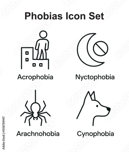 Phobias Icon Set – Minimalist Black and White Vector Symbols