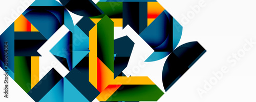 Abstract geometric shapes overlap, creating dynamic composition. Colors include blue, green, orange, yellow, white. Modern design.