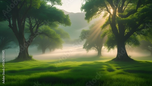 Mist rolling through a quiet valley at alfajar with light rays piercing through tall trees