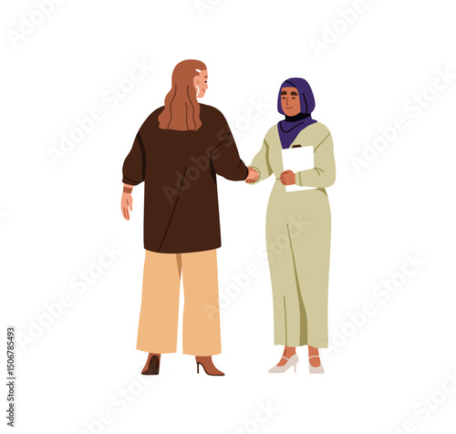 Business women shaking hands. Female professionals, colleagues during handshake. Diverse partners greeting. Agreement, respect and partnership concept. Flat vector illustration, white background.