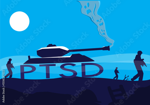 PTSD Tank. Post Traumatic Stress Disorder Concept  concept. Soldiers walk at night in a battlefield with War Tank built with PTSD letters as its wheels. Editable Clip Art.