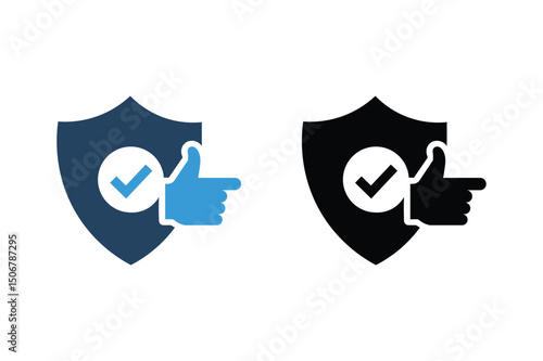 Vector illustration of shield icon with checkmark and thumbs up suggesting security approval