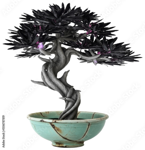 Dark Bonsai Tree in Ceramic Pot, transparent background png