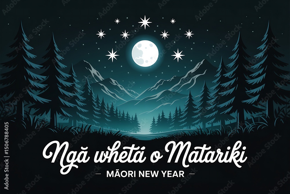 Naklejka premium Illustration of nga whetu o matariki with moon stars trees and mountain landscape