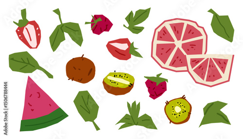 Tropical Summer Fruits Flat Set. Colorful tropical fruits and leaves. Flat cartoon style with bright colors, isolated on white background.