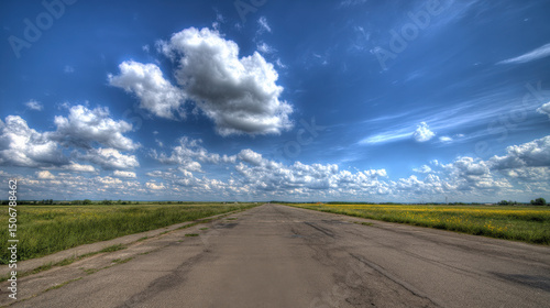 Wide road into distance, flanked by green fields and blue sky. High-definition, horizontal composition. Serene beauty.