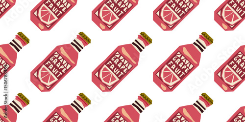 Seamless Grapefruit Drink Bottle Lemonade Pattern. Seamless pattern with grapefruit drink bottles. Flat cartoon style with bold pink colors and isolated layout on white background.
