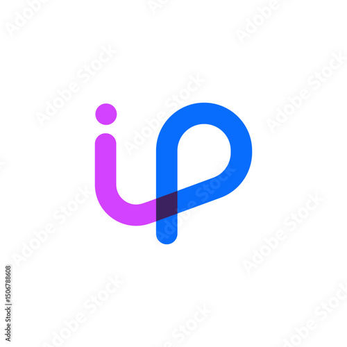 A vibrant and modern logo features the lowercase letters "i" and "p" formed by overlapping, semi-transparent shapes in purple and cyan. The design is playful and suggests connection and tech brand
