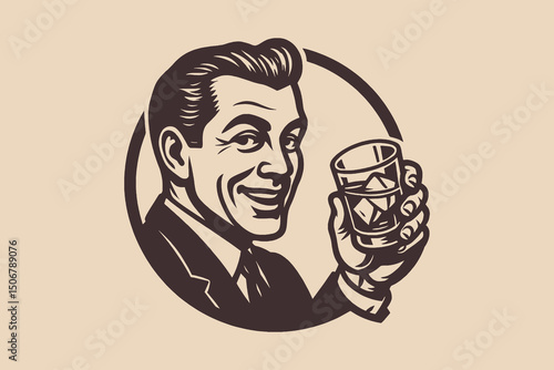 1950s man with whiskey glass retro emblem vector illustration